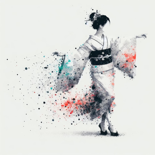 Geisha japonesa en kimono vestido con pintura de tinta y triángulo con IA generativa