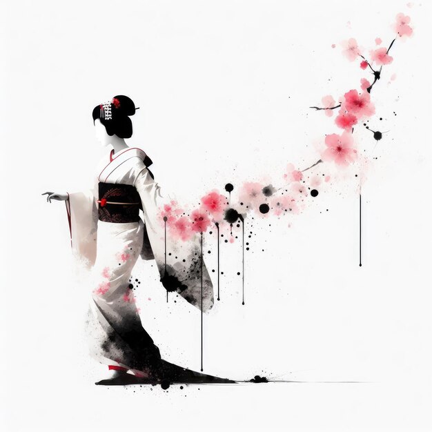 Geisha japonesa en vestido de kimono en pintura con tinta de salpicaduras con IA generativa