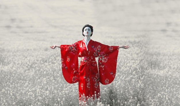 Geisha en kimono rojo en el campo
