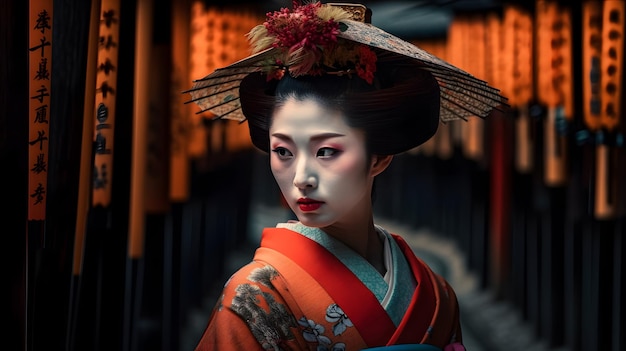 Una geisha en kimono con un sombrero en la cabeza