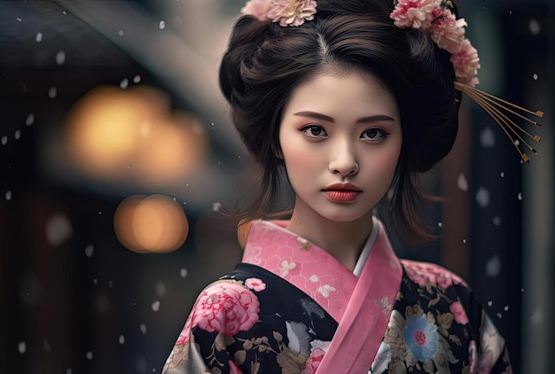 Geisha-Mädchen in traditioneller Kleidung im Nahaufnahme-Stil