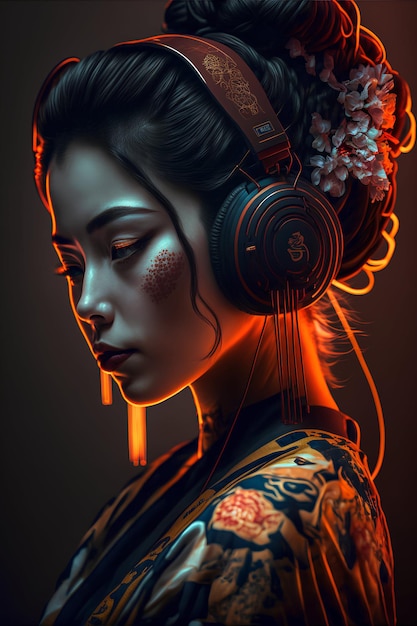 Geisha moderna con auriculares