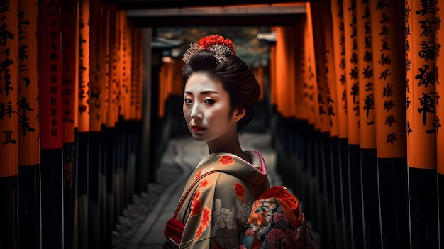 Una geisha se para en un túnel con un patrón rojo y blanco en su kimono.