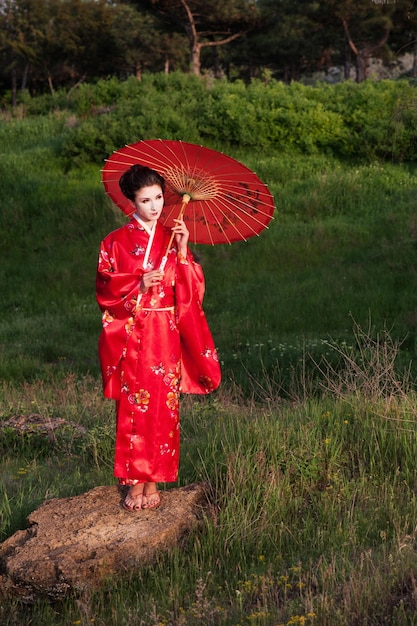 Foto geisha en las verdes colinas