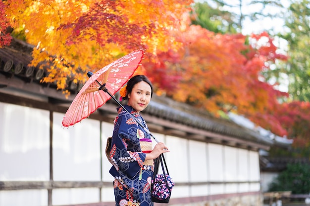 Geishas-mädchen, das japanischen kimono unter rotem hölzernem tori gate trägt