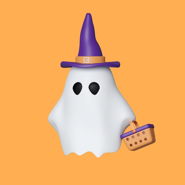 Geist mit Einkaufskorb bereit zum Einkaufen Halloween-Konzept auf isoliertem Hintergrund 3D-Rendering-Illustration