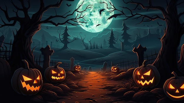Geisterhafte Kürbisse in der Mondlichtnacht Halloween Hintergrund Zeichentrickfilm Illustration ai generative