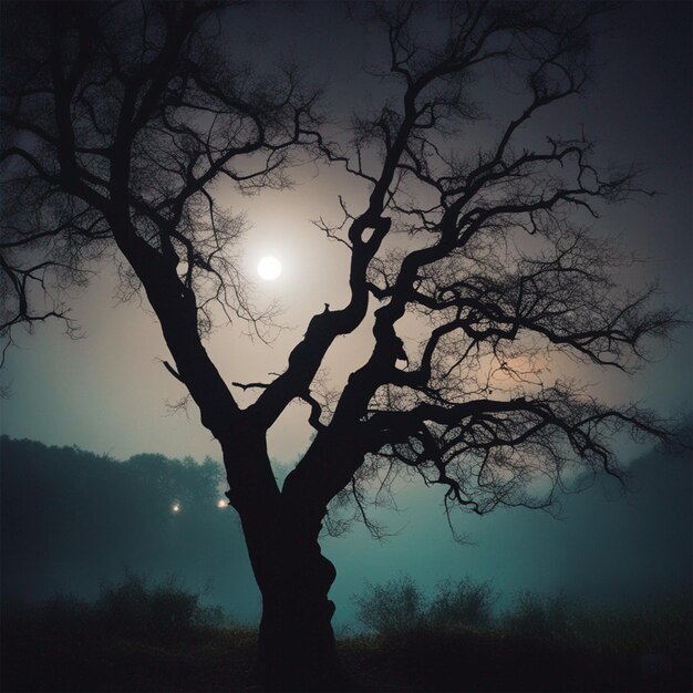 Geisterhafter Baum gegen einen großen Mond erstaunliche Hintergrundtapete ai generiert