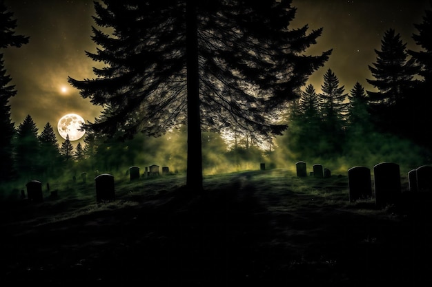 Geisterhafter Friedhof in der Nacht mit Vollmond und einem großen Baum