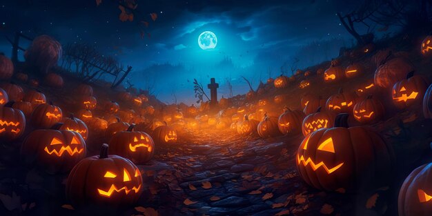 Geisterhafter und atmosphärischer Halloween-Hintergrund mit einem Kürbisspflaster, flackernden Laternen und einem sternenreichen Nachthimmel Generative KI
