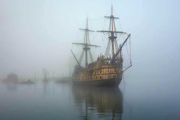 Geisterhaftes Piratenschiff, das aus unheimlichem Nebel auftaucht, erstellt mit generativer KI