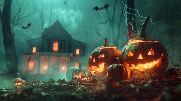 Geisterhaus umgeben von Kürbissen in einem Halloween-Themen-Hintergrund, der schreckliche Schwingungen hervorruft