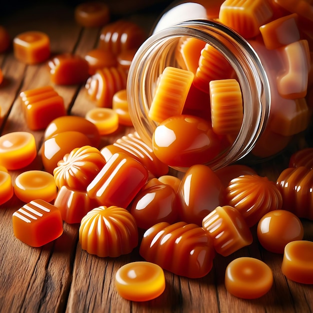 Foto gekandierte karamell-süßigkeiten in einem glaskrug auf einem holzgrund