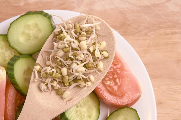 Gekeimte Bohnen Tomate und Gurke Frischer Salat Holzlöffel