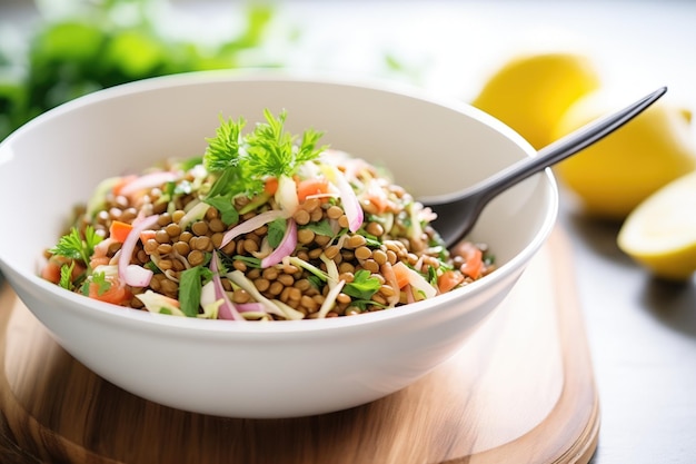 Gekeimter Linsensalat in einer Keramikschüssel mit einem Löffel