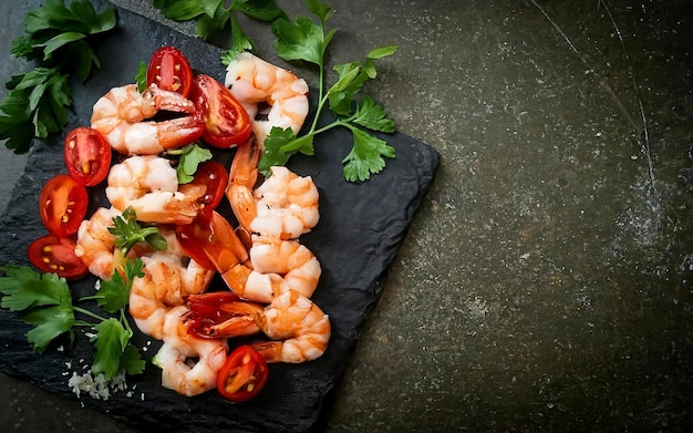 gekochte Garnelen auf einem Steinbrett mit Tomaten und Petersilie