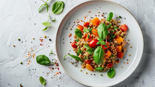 Gekochtes Buchweizen mit Tomaten und Grünen Glutenfreies Superfood Gesundes veganes Lebensmittelkonzept