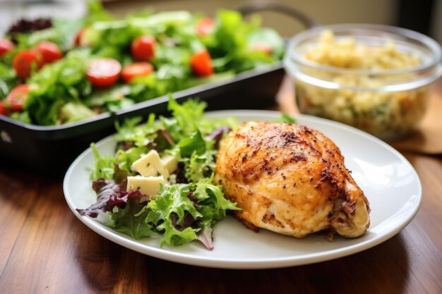 Gekochtes gefülltes Hähnchen mit einer Beilage Salat