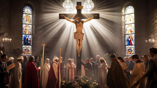 Gekreuziger Jesus auf dem Kreuz in der Kirche mit Lichtstrahl aus Glasmalerei Osternfest der