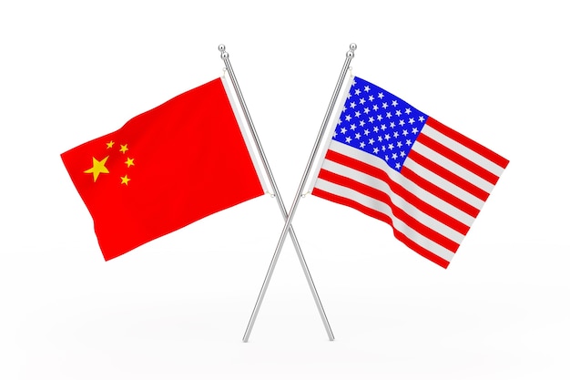 Gekreuzte USA- und China-Flaggen auf weißem Hintergrund. 3D-Rendering