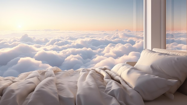 gekrümmte minimalistische moderne gemütliche kleine ruhige hygge schlafzimmer über wolken ai erzeugt