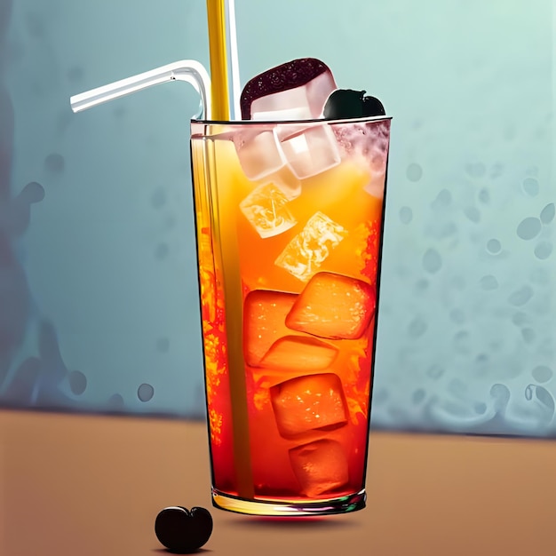 Gekühlter Cocktail mit Eis und einem Strohhalm in einem hohen Glas 2