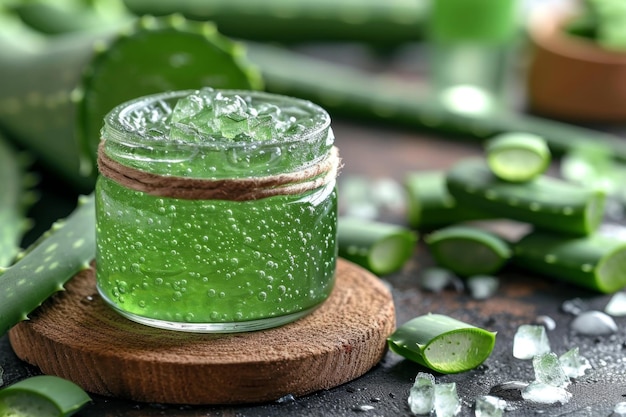 gel de aloe en un frasco de cosméticos y hojas de aloe frescas en una mesa de madera