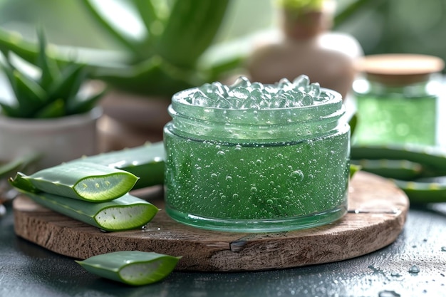 gel de aloe en un frasco de cosméticos y hojas de aloe frescas en una mesa de madera