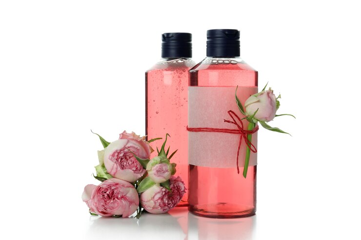 Foto gel de banho e rosas isoladas em branco