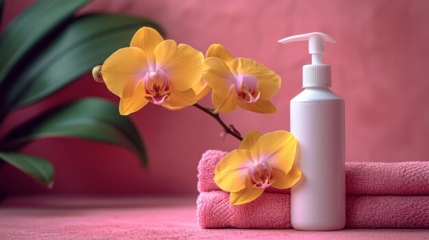 Gel higiénico en una botella blanca con un dispensador de flor de orquídea amarilla.