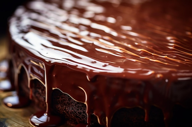 Foto gela de ganache brilhante em um bolo de chocolate decadente foco seletivo