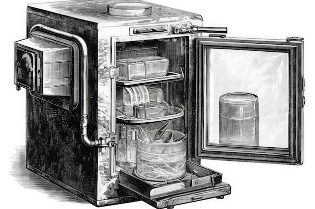 Foto geladeira aberta em preto e branco criada com a tecnologia generative ai