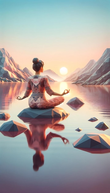 Geladene Yoga-Praxis in einer Low-Poly-Landschaft