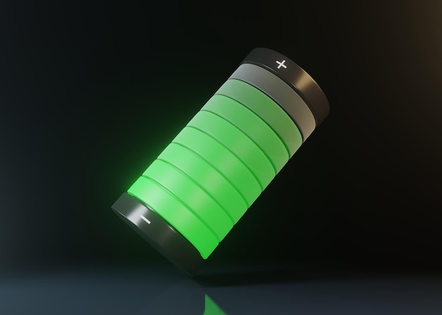 Geladener Akku mit leuchtend grünem Licht isoliert auf schwarzem Hintergrund 3D-Renderillustration
