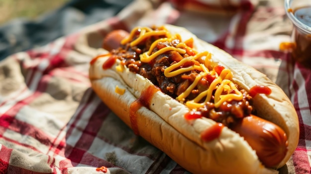 Geladener Chili-Käse-Hotdog auf einer Picknickdecke