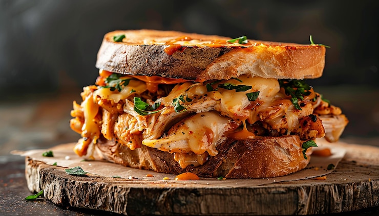 Foto geladenes gegrilltes hühner-käse-sandwich auf einem von ki erzeugten holzbrett