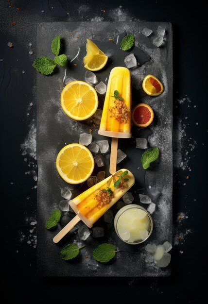 Foto gelado caseiro com limão e laranja em fundo escuro