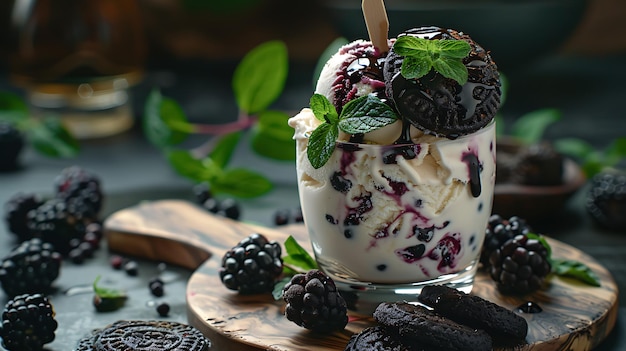 Gelado caseiro com mirtilos e menta num copo sobre um fundo escuro