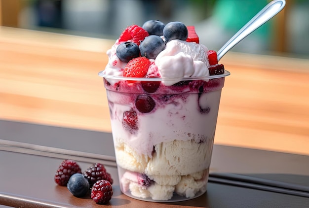 Gelado com bagas em copo de plástico em uma mesa de madeira