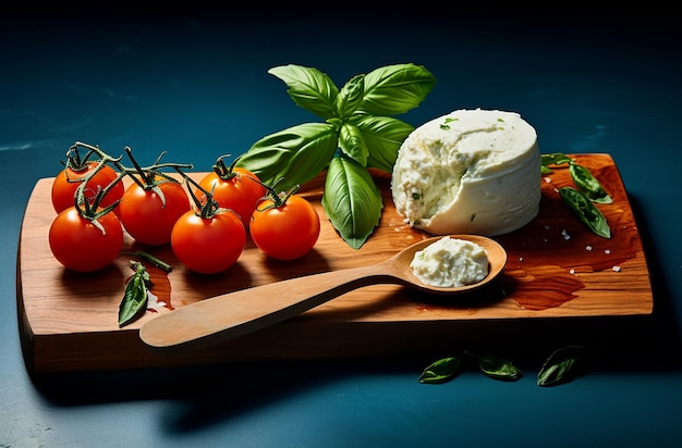 Gelado com tomate e queijo em uma prancha