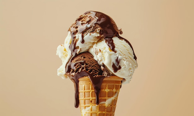 Gelado de baunilha e chocolate em um cone com fundo pastel de chocolate derretido