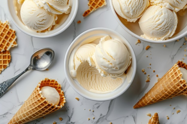 Gelado de baunilha em tigelas brancas com cones de waffle