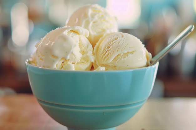 Gelado de baunilha numa tigela azul.