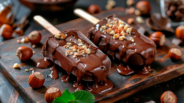 Gelado de chocolate com nozes em pauzinhos foco seletivo