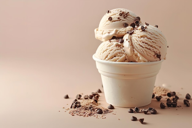 Gelado de leite malteado em fundo bege claro com pedaços de chocolate em cima e grande espaço para texto ou anúncio de produto IA geradora