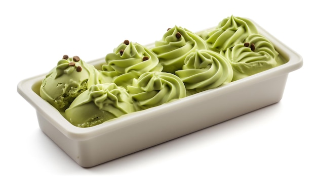 Gelado de matcha giratório adornado com pedaços de chocolate em um recipiente branco