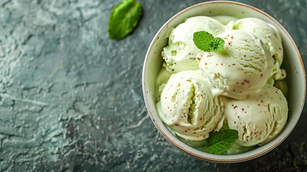 Foto gelado de menta cremoso em uma tigela de sorvete com folhas de menta frescas geradas por ia