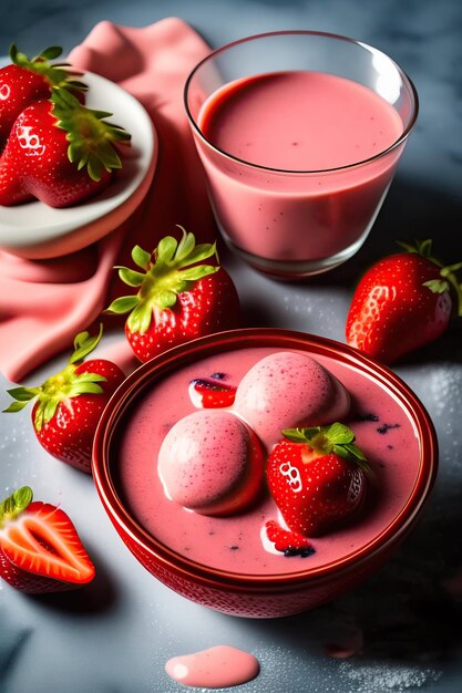 Gelado de morango com bagas frescas na mesa