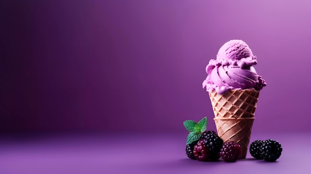 Gelado de morango com hortelã em cone de waffle em fundo roxo espaço de cópia