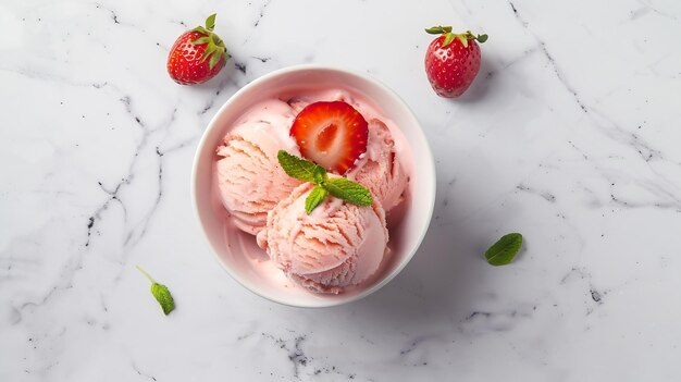 Gelado de morango em uma tigela em fundo de pedra branca Vista superior de colocação plana IA geradora